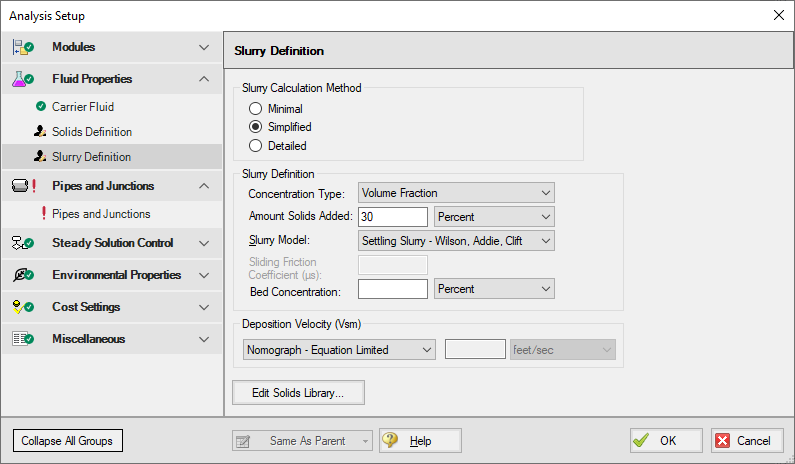 The Slurry Definition Panel in Analysis Setup for the Slurry with Variable Fluid Properties example.